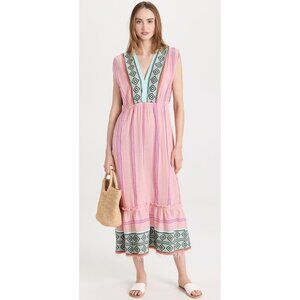 Lemlem Rosa Midi Dress Tunic Women XS Pink Sleeveles Plunge Neck Embroidery Boho